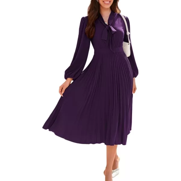 imageGRACE KARIN Womens 2024 Fall Long Sleeve Dress Casual V Neck Pleated A Line Flowy Midi DressesPurple