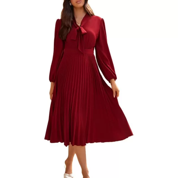 imageGRACE KARIN Womens 2024 Fall Long Sleeve Dress Casual V Neck Pleated A Line Flowy Midi DressesWine Red