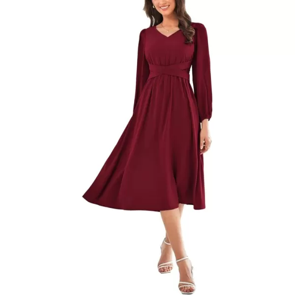 imageGRACE KARIN Womens Chiffon Dresses V Neck Long Sleeve Smocked Waist ALine Midi Length Wedding Guest DressWine Red