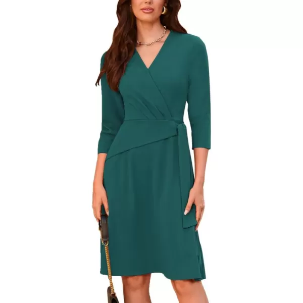 imageGRACE KARIN Womens Cocktail Dress Faux Wrap V Neck Pleated 34 Sleeve Stretchy Midi A Line Wedding Guest DressBlue Green