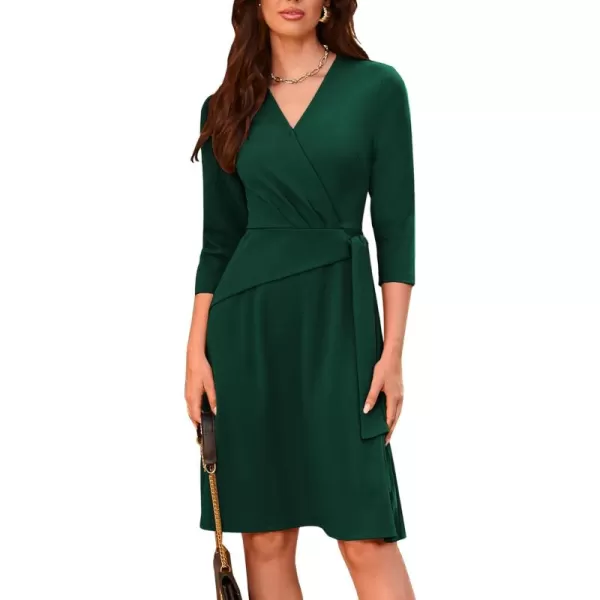 imageGRACE KARIN Womens Cocktail Dress Faux Wrap V Neck Pleated 34 Sleeve Stretchy Midi A Line Wedding Guest DressDark Green