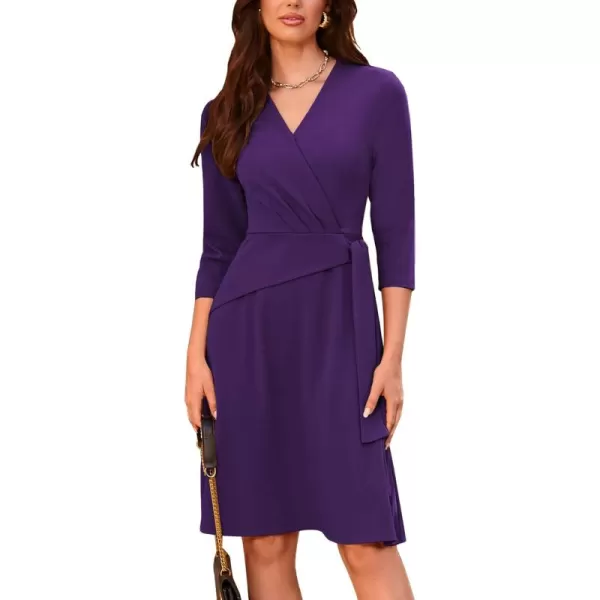 imageGRACE KARIN Womens Cocktail Dress Faux Wrap V Neck Pleated 34 Sleeve Stretchy Midi A Line Wedding Guest DressDark Purple