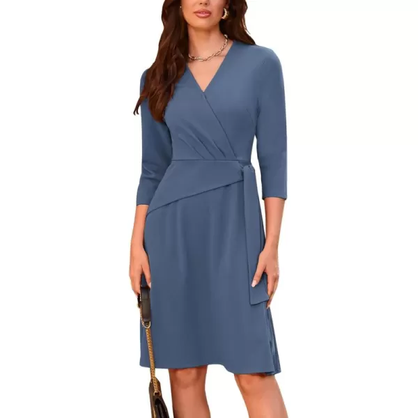 imageGRACE KARIN Womens Cocktail Dress Faux Wrap V Neck Pleated 34 Sleeve Stretchy Midi A Line Wedding Guest DressGray Blue