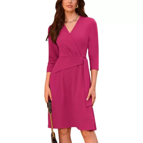 imageGRACE KARIN Womens Cocktail Dress Faux Wrap V Neck Pleated 34 Sleeve Stretchy Midi A Line Wedding Guest DressHot Pink