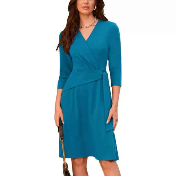 imageGRACE KARIN Womens Cocktail Dress Faux Wrap V Neck Pleated 34 Sleeve Stretchy Midi A Line Wedding Guest DressLake Blue