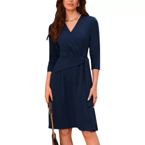 imageGRACE KARIN Womens Cocktail Dress Faux Wrap V Neck Pleated 34 Sleeve Stretchy Midi A Line Wedding Guest DressNavy Blue