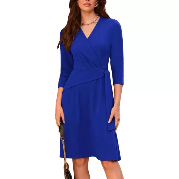 imageGRACE KARIN Womens Cocktail Dress Faux Wrap V Neck Pleated 34 Sleeve Stretchy Midi A Line Wedding Guest DressRoyal Blue