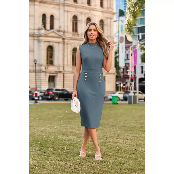 imageGRACE KARIN 2024 Summer Womens Lightweight Stretchy Business Work Dress Sleeveless Double Breasted Bodycon Midi DressGray Blue