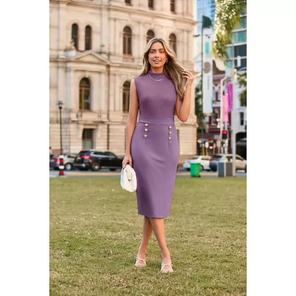 imageGRACE KARIN 2024 Summer Womens Lightweight Stretchy Business Work Dress Sleeveless Double Breasted Bodycon Midi DressPurple