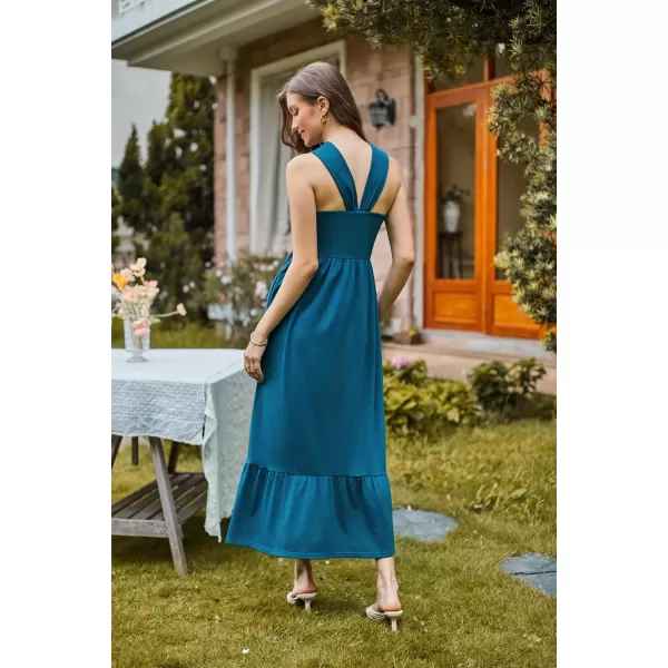 imageGRACE KARIN 2024 Womens Criss Cross Halterneck Sleeveless Summer Flowy A Line Maxi DressPeacock Blue