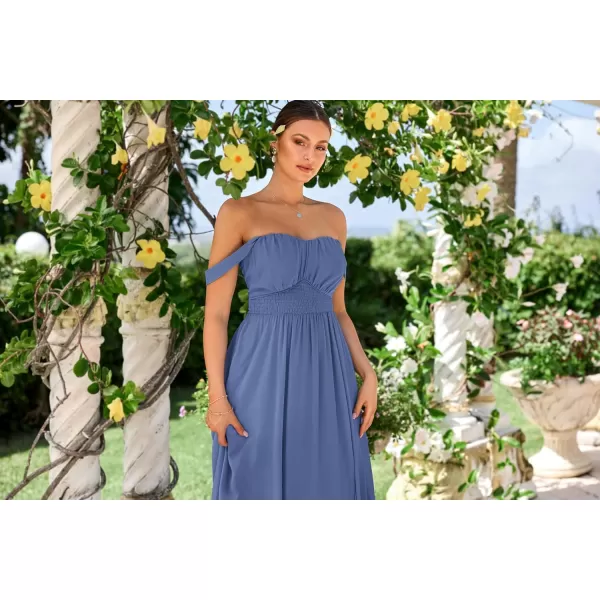 imageGRACE KARIN 2024 Womens Summer Solid Flowy A Line Dresses Sleeveless Smocked Off Shoulder Maxi DressBlue Gray