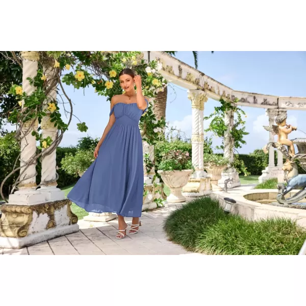 imageGRACE KARIN 2024 Womens Summer Solid Flowy A Line Dresses Sleeveless Smocked Off Shoulder Maxi DressBlue Gray