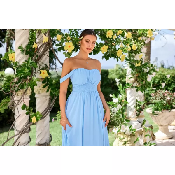 imageGRACE KARIN 2024 Womens Summer Solid Flowy A Line Dresses Sleeveless Smocked Off Shoulder Maxi DressLight Blue