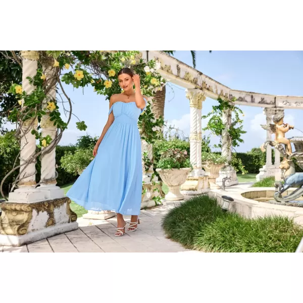 imageGRACE KARIN 2024 Womens Summer Solid Flowy A Line Dresses Sleeveless Smocked Off Shoulder Maxi DressLight Blue