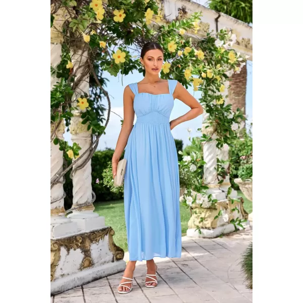 imageGRACE KARIN 2024 Womens Summer Solid Flowy A Line Dresses Sleeveless Smocked Off Shoulder Maxi DressLight Blue