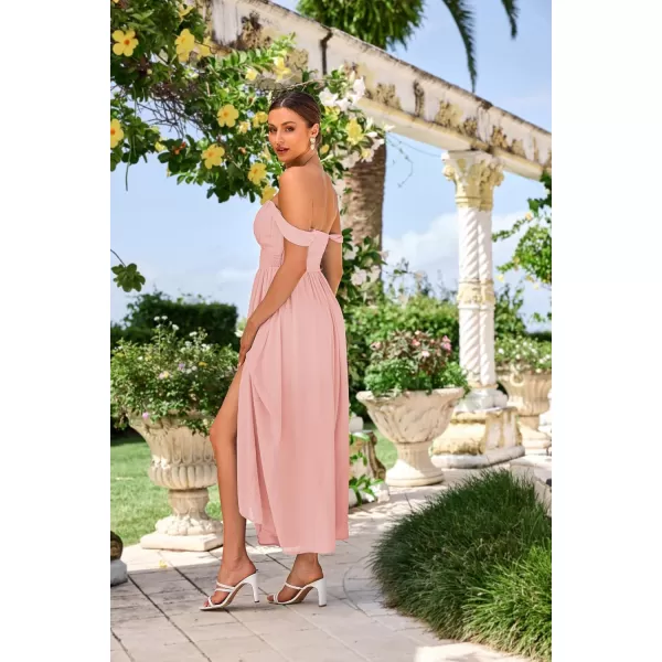 imageGRACE KARIN 2024 Womens Summer Solid Flowy A Line Dresses Sleeveless Smocked Off Shoulder Maxi DressLight Pink