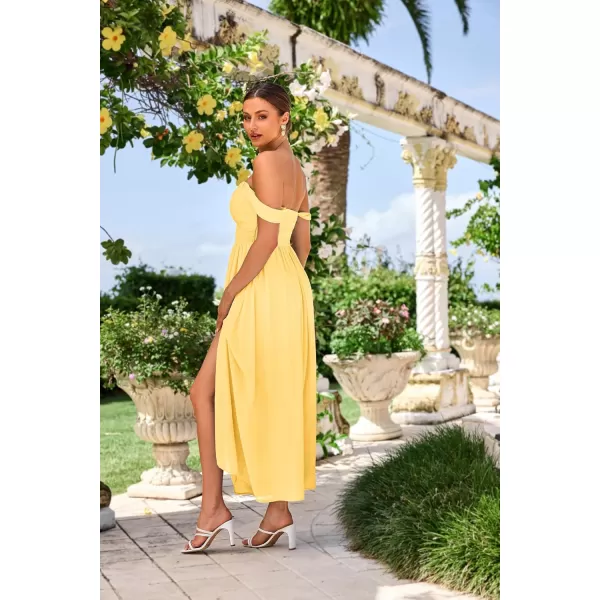 imageGRACE KARIN 2024 Womens Summer Solid Flowy A Line Dresses Sleeveless Smocked Off Shoulder Maxi DressLight Yellow