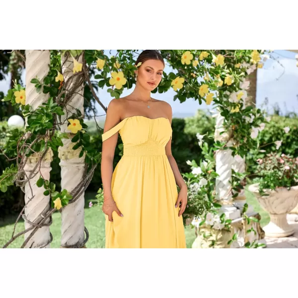 imageGRACE KARIN 2024 Womens Summer Solid Flowy A Line Dresses Sleeveless Smocked Off Shoulder Maxi DressLight Yellow