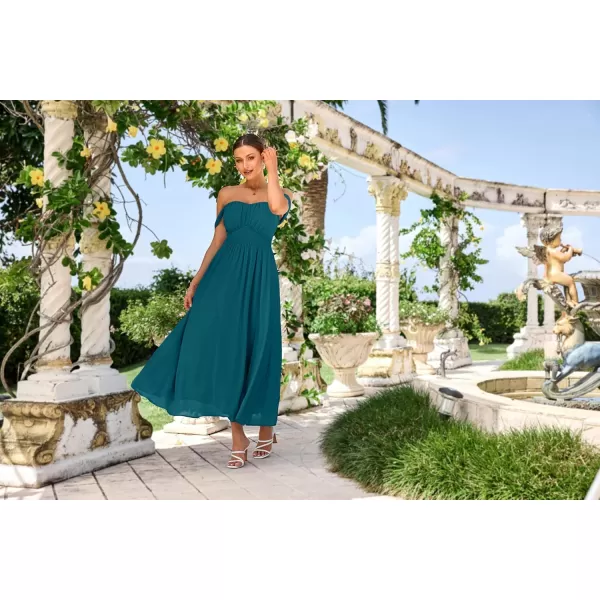 imageGRACE KARIN 2024 Womens Summer Solid Flowy A Line Dresses Sleeveless Smocked Off Shoulder Maxi DressPeacock Blue