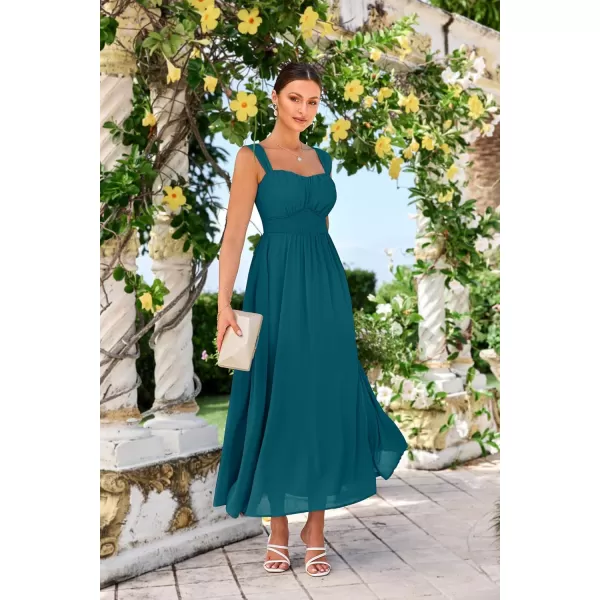 imageGRACE KARIN 2024 Womens Summer Solid Flowy A Line Dresses Sleeveless Smocked Off Shoulder Maxi DressPeacock Blue