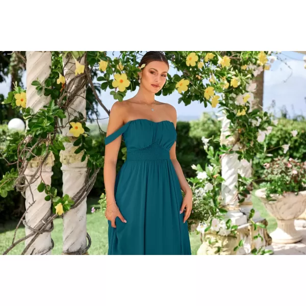 imageGRACE KARIN 2024 Womens Summer Solid Flowy A Line Dresses Sleeveless Smocked Off Shoulder Maxi DressPeacock Blue