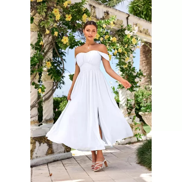 imageGRACE KARIN 2024 Womens Summer Solid Flowy A Line Dresses Sleeveless Smocked Off Shoulder Maxi DressWhite