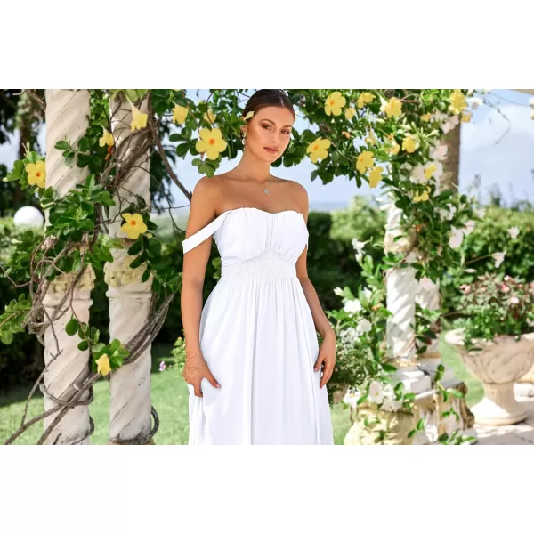 imageGRACE KARIN 2024 Womens Summer Solid Flowy A Line Dresses Sleeveless Smocked Off Shoulder Maxi DressWhite