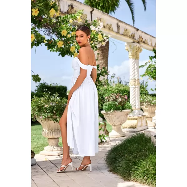 imageGRACE KARIN 2024 Womens Summer Solid Flowy A Line Dresses Sleeveless Smocked Off Shoulder Maxi DressWhite