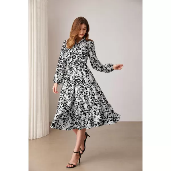 imageGRACE KARIN Women Floral Collar Shirt Dress Elegant Lantern Long Sleeve Casual Vacation BeachwearBlack Floral