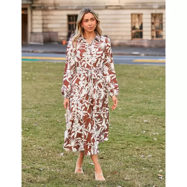 imageGRACE KARIN Women Floral Collar Shirt Dress Elegant Lantern Long Sleeve Casual Vacation BeachwearBrown Floral
