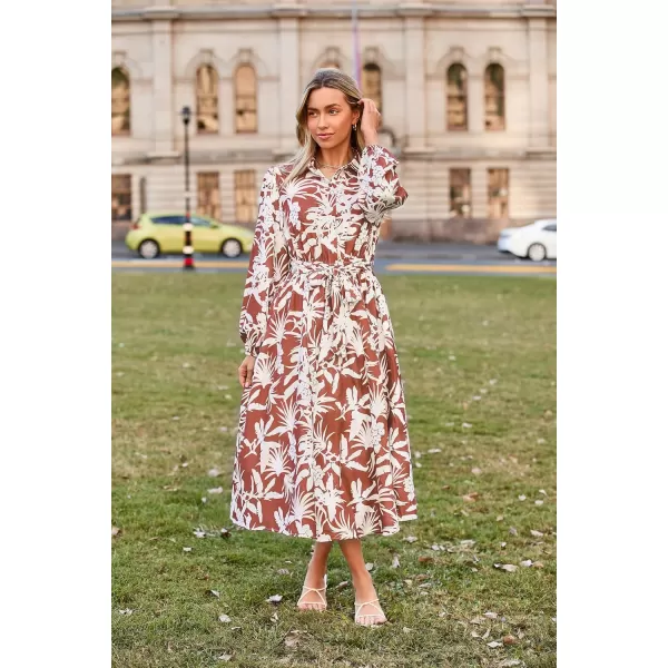 imageGRACE KARIN Women Floral Collar Shirt Dress Elegant Lantern Long Sleeve Casual Vacation BeachwearBrown Floral