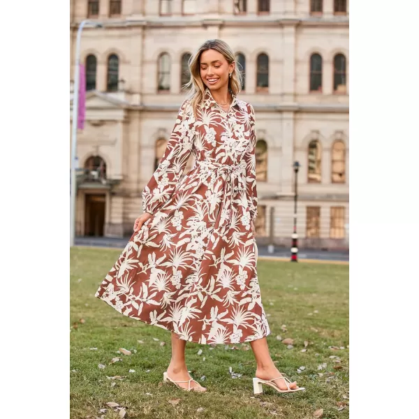 imageGRACE KARIN Women Floral Collar Shirt Dress Elegant Lantern Long Sleeve Casual Vacation BeachwearBrown Floral