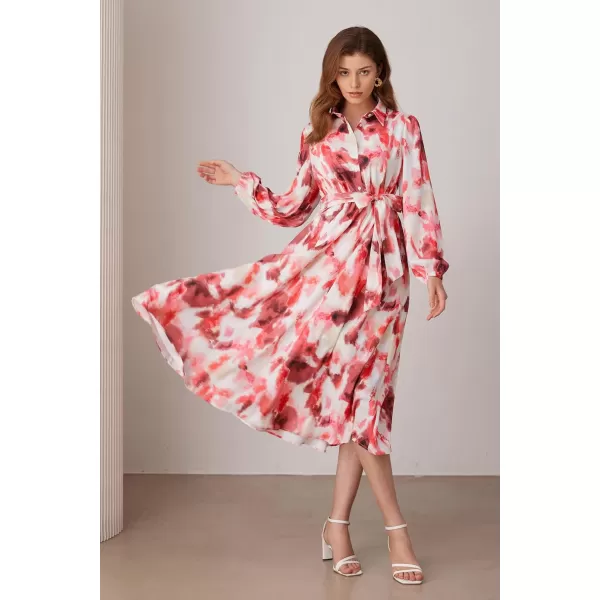 imageGRACE KARIN Women Floral Collar Shirt Dress Elegant Lantern Long Sleeve Casual Vacation BeachwearDark Red Floral