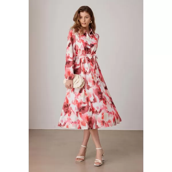 imageGRACE KARIN Women Floral Collar Shirt Dress Elegant Lantern Long Sleeve Casual Vacation BeachwearDark Red Floral