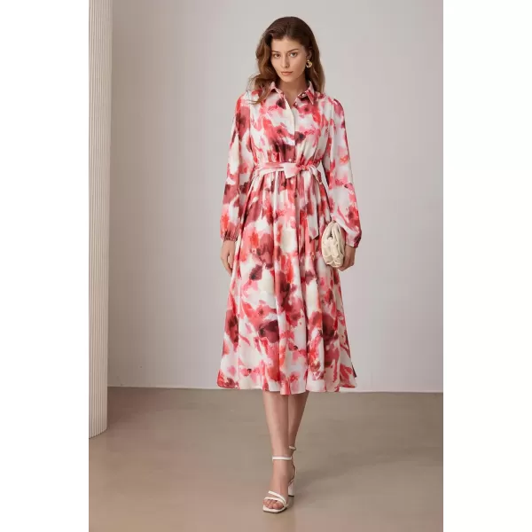 imageGRACE KARIN Women Floral Collar Shirt Dress Elegant Lantern Long Sleeve Casual Vacation BeachwearDark Red Floral