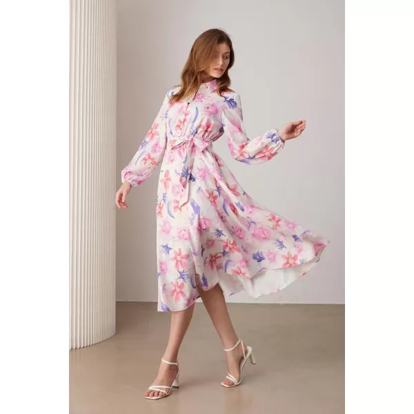 imageGRACE KARIN Women Floral Collar Shirt Dress Elegant Lantern Long Sleeve Casual Vacation BeachwearPurple Floral