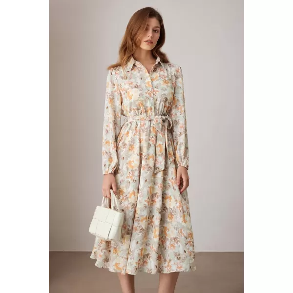imageGRACE KARIN Women Floral Collar Shirt Dress Elegant Lantern Long Sleeve Casual Vacation BeachwearYellow Floral