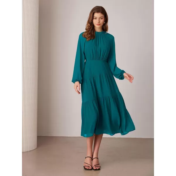 imageGRACE KARIN Womens 2024 Fall Dress Long Sleeve Empire Waist Tiered A Line Swing Flowy Midi DressBlue Green