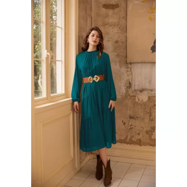 imageGRACE KARIN Womens 2024 Fall Dress Long Sleeve Empire Waist Tiered A Line Swing Flowy Midi DressBlue Green