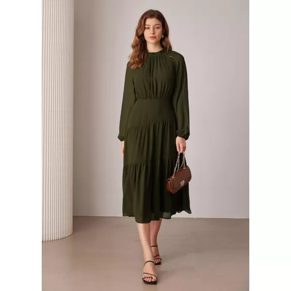 imageGRACE KARIN Womens 2024 Fall Dress Long Sleeve Empire Waist Tiered A Line Swing Flowy Midi DressOlive Green