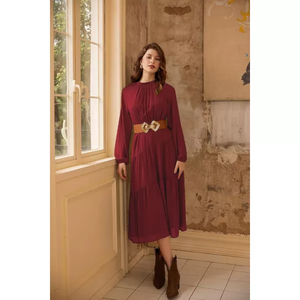 imageGRACE KARIN Womens 2024 Fall Dress Long Sleeve Empire Waist Tiered A Line Swing Flowy Midi DressWine Red