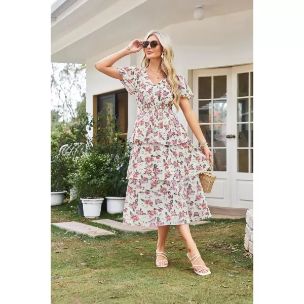 imageGRACE KARIN Womens 2024 Floral Summer Long Midi Dress V Neck Short Sleeve Ruffle Tiered Layered Boho Swing DressesApricot Pink Floral