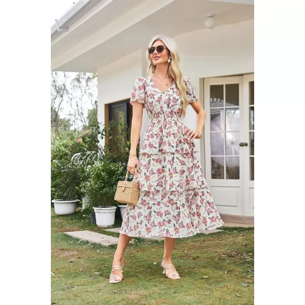 imageGRACE KARIN Womens 2024 Floral Summer Long Midi Dress V Neck Short Sleeve Ruffle Tiered Layered Boho Swing DressesApricot Pink Floral