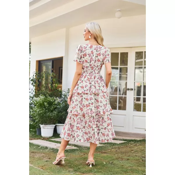 imageGRACE KARIN Womens 2024 Floral Summer Long Midi Dress V Neck Short Sleeve Ruffle Tiered Layered Boho Swing DressesApricot Pink Floral