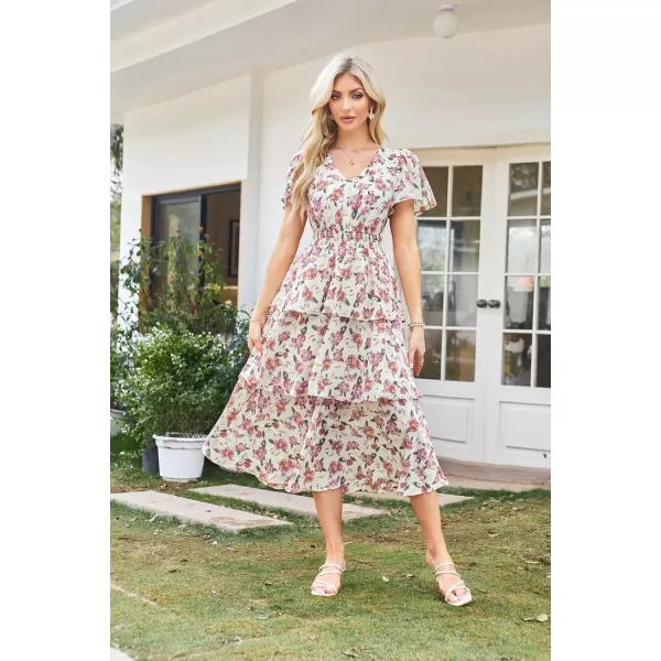 imageGRACE KARIN Womens 2024 Floral Summer Long Midi Dress V Neck Short Sleeve Ruffle Tiered Layered Boho Swing DressesApricot Pink Floral