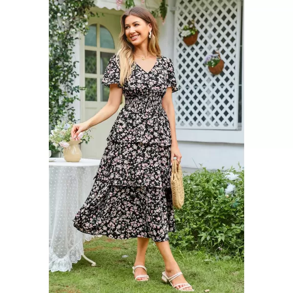 imageGRACE KARIN Womens 2024 Floral Summer Long Midi Dress V Neck Short Sleeve Ruffle Tiered Layered Boho Swing DressesBlack Rose Floral