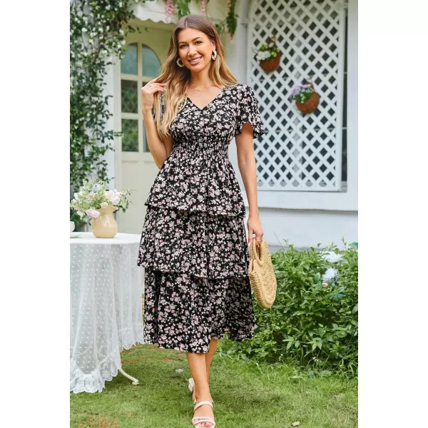 imageGRACE KARIN Womens 2024 Floral Summer Long Midi Dress V Neck Short Sleeve Ruffle Tiered Layered Boho Swing DressesBlack Rose Floral