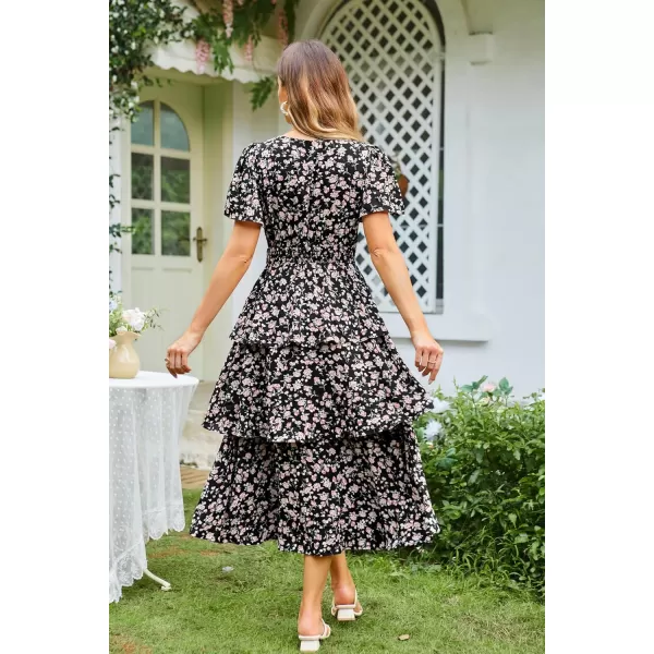 imageGRACE KARIN Womens 2024 Floral Summer Long Midi Dress V Neck Short Sleeve Ruffle Tiered Layered Boho Swing DressesBlack Rose Floral