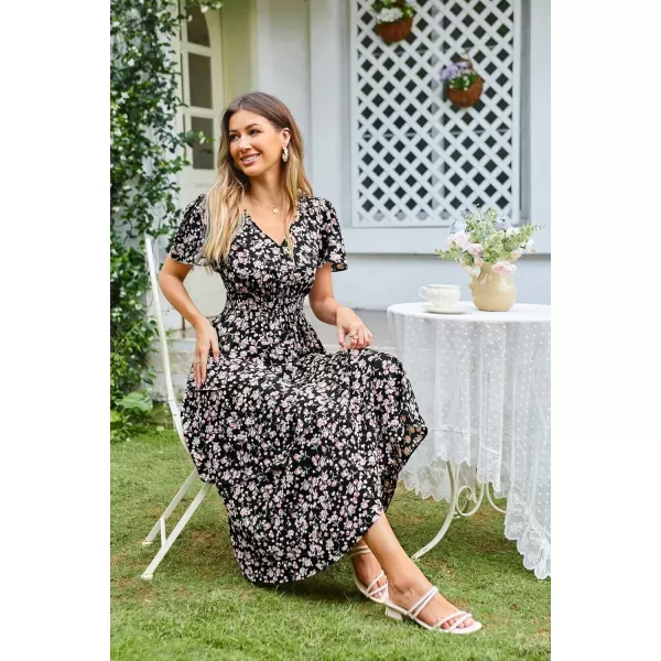 imageGRACE KARIN Womens 2024 Floral Summer Long Midi Dress V Neck Short Sleeve Ruffle Tiered Layered Boho Swing DressesBlack Rose Floral