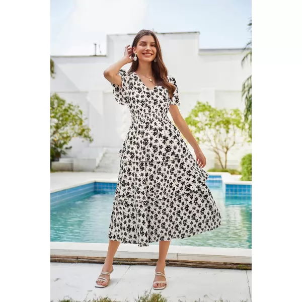 imageGRACE KARIN Womens 2024 Floral Summer Long Midi Dress V Neck Short Sleeve Ruffle Tiered Layered Boho Swing DressesBlackwhite Floral